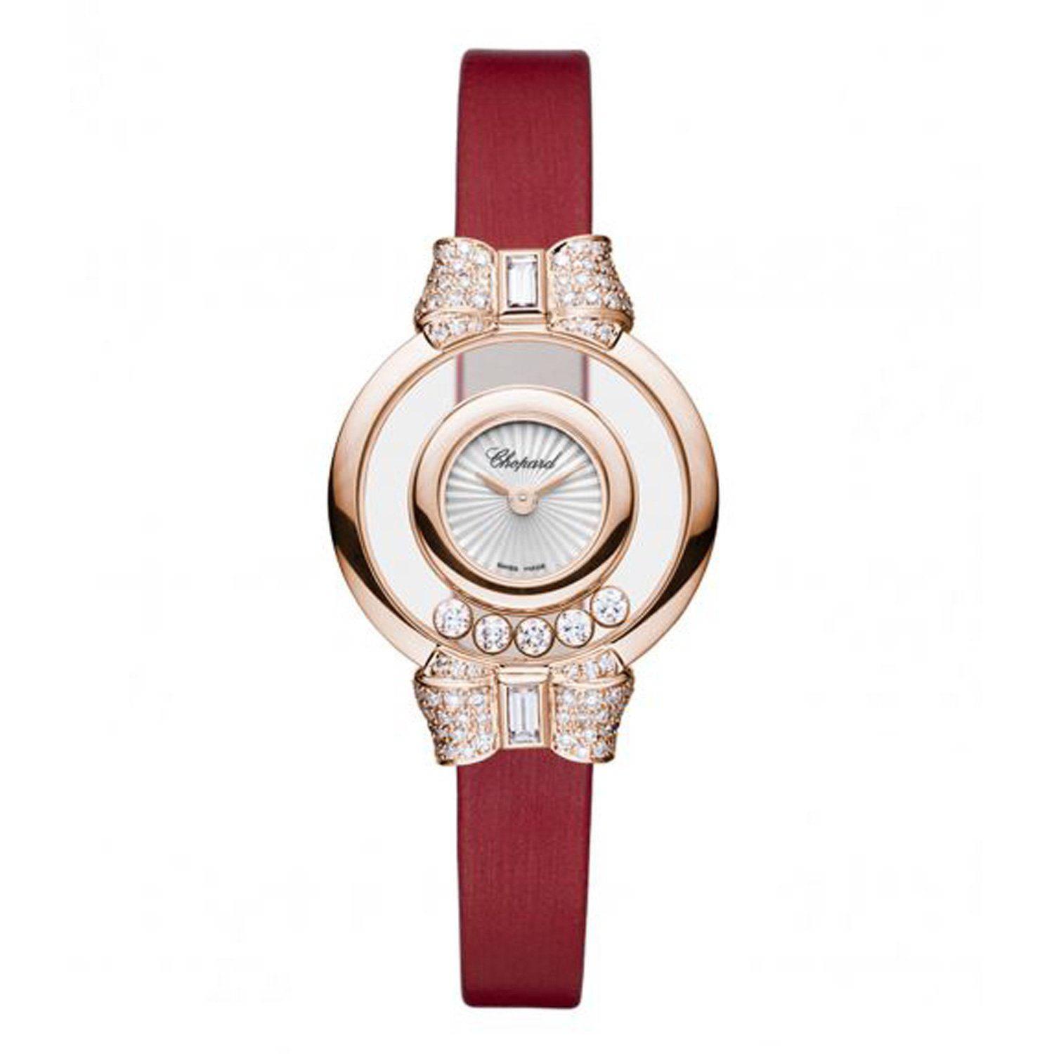 Chopard Happy Diamond Bow Tie Full Diamond Rose Gold Red Leather Strap 26mm