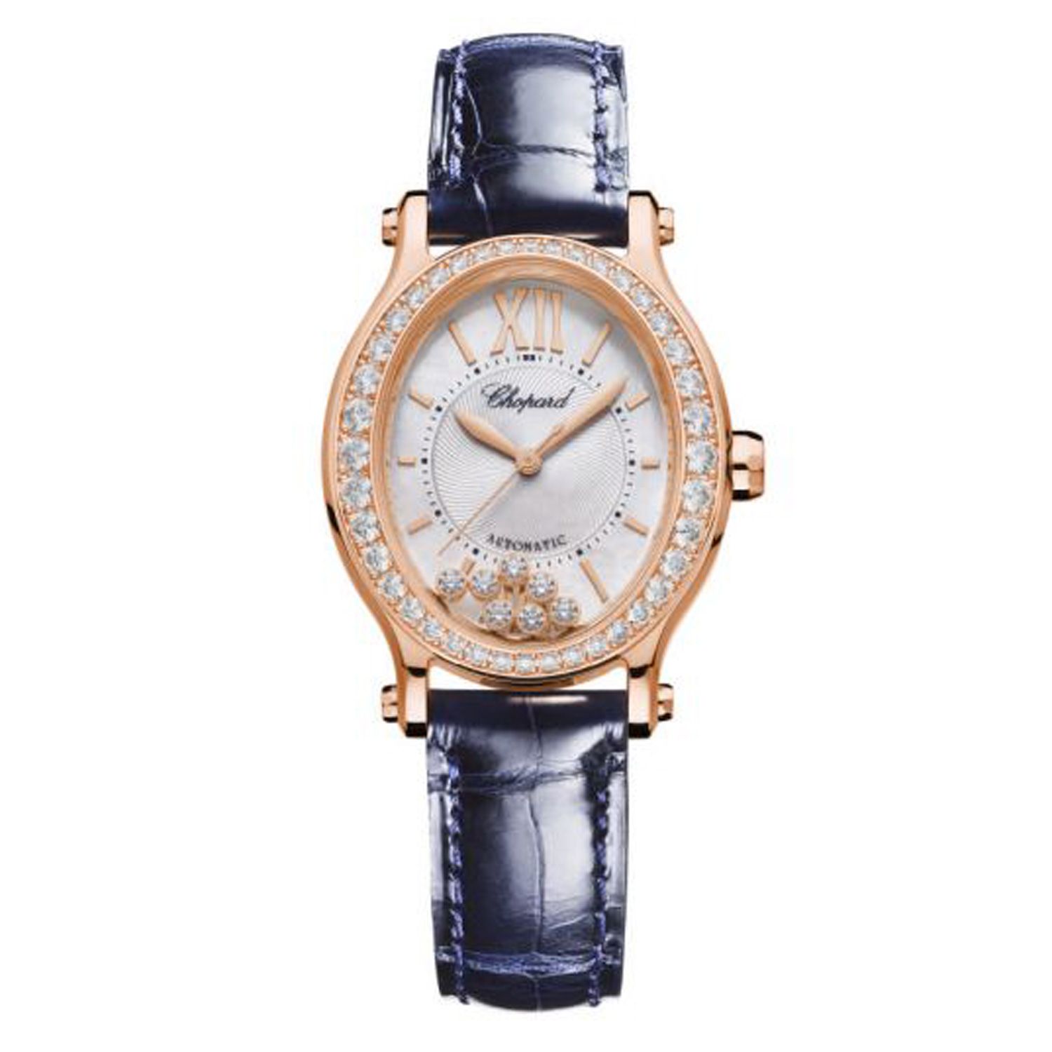 Chopard Happy Sport Oval Automatic Diamond Rose Gold Blue Leather 31mm