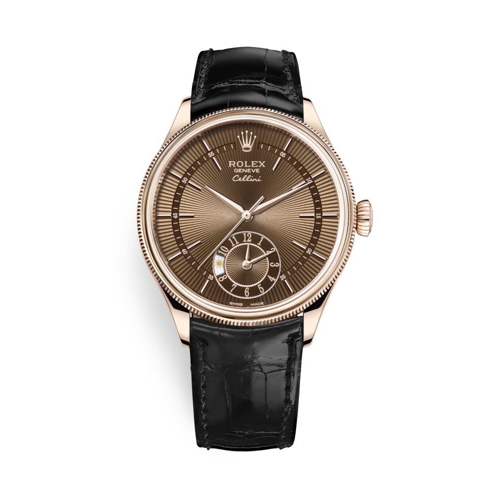 Rolex Cellini Dual Time 39mm Rose Gold Brown Black 50525-0016