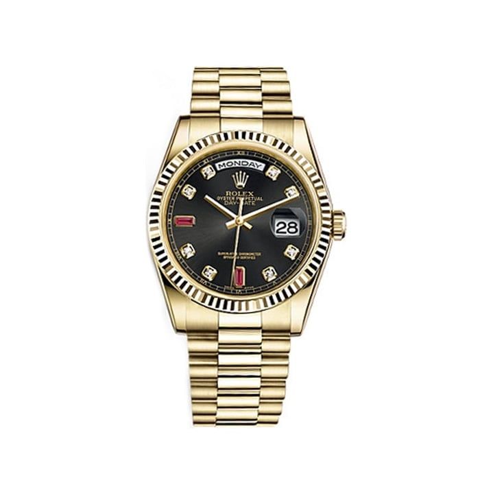 Rolex Day-Date 36mm Yellow Gold Black Diamond Ruby Oyster 118238