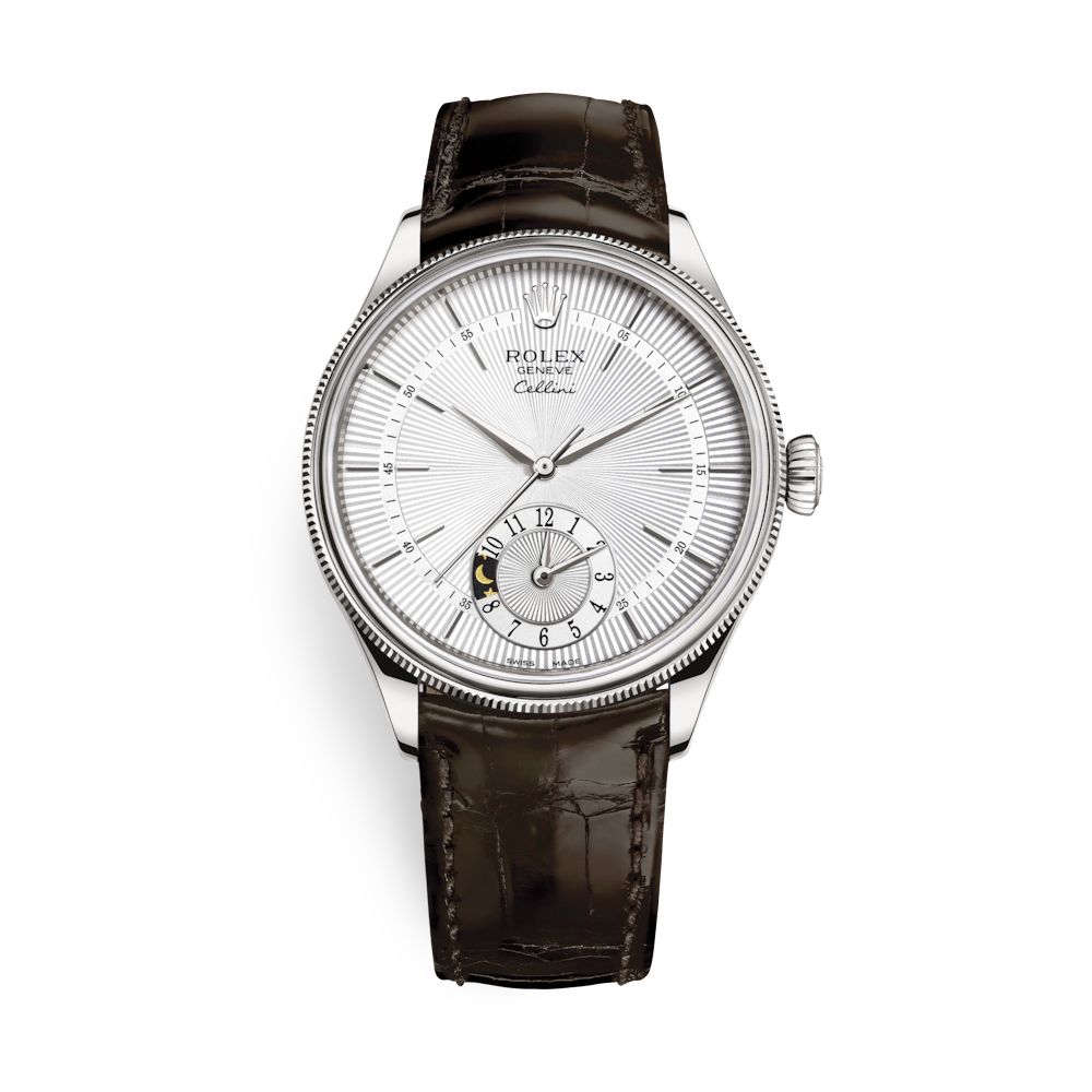 Rolex Cellini Dual Time 39mm White Gold Silver Brown Strap 50529-0009