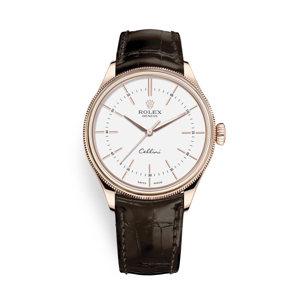 Rolex Cellini Time 39mm Rose Gold White Brown Strap 50505-0020
