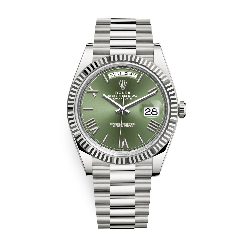 Rolex Day-Date 40mm White Gold Olive Green Roman 228239-0033