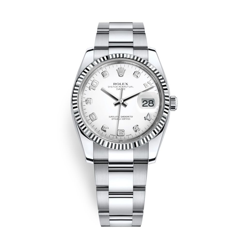 Nhân bản của Rolex Date 34mm Steel - White Gold Diamonds White 115234-0010