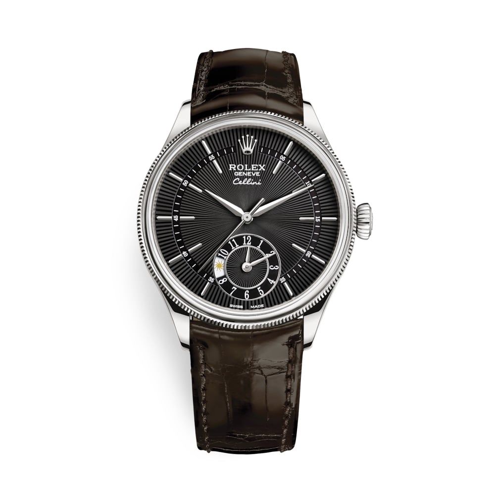 Rolex Cellini Dual Time 39mm White Gold Black Brown Strap 50529-0010