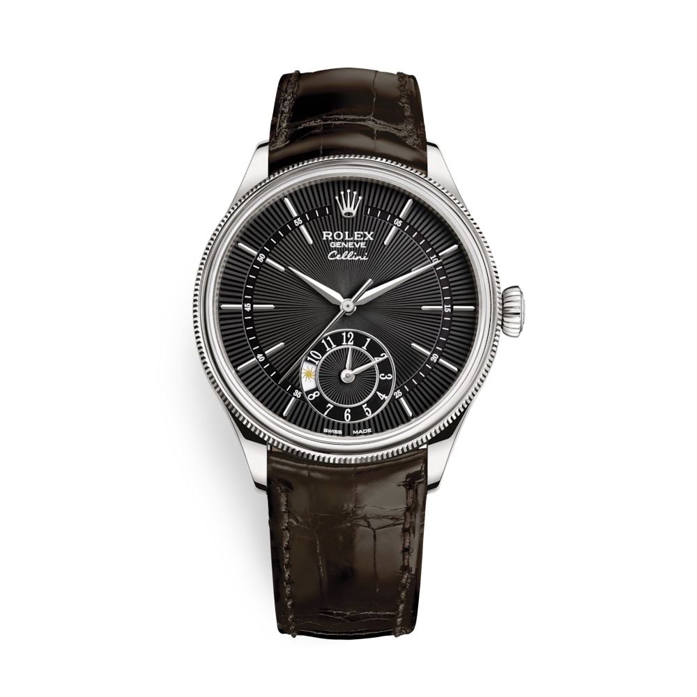 Rolex Cellini Dual Time 39mm White Gold Black Brown Strap 50529-0010