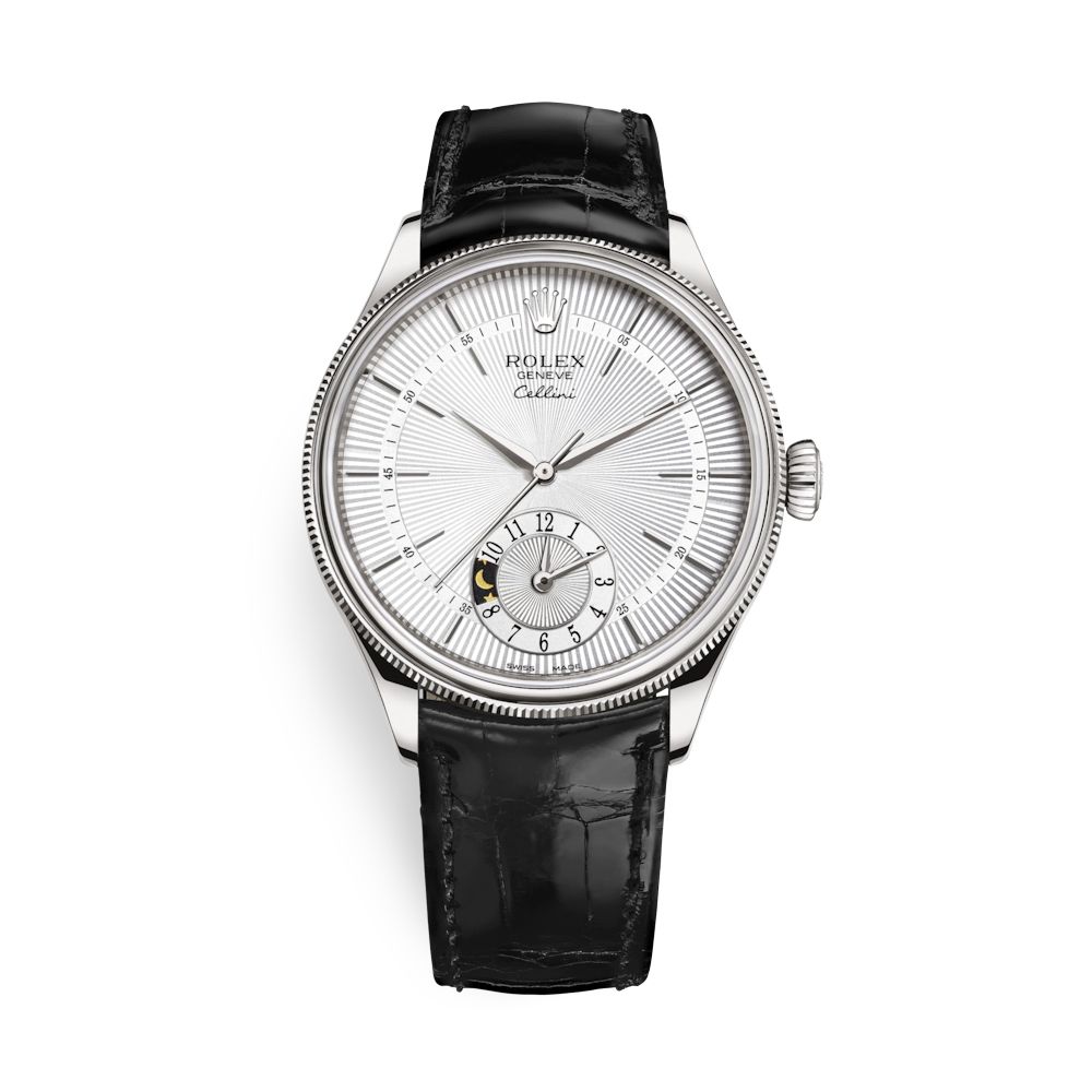Rolex Cellini Dual Time 39mm White Gold Silver Black Strap 50529-0006