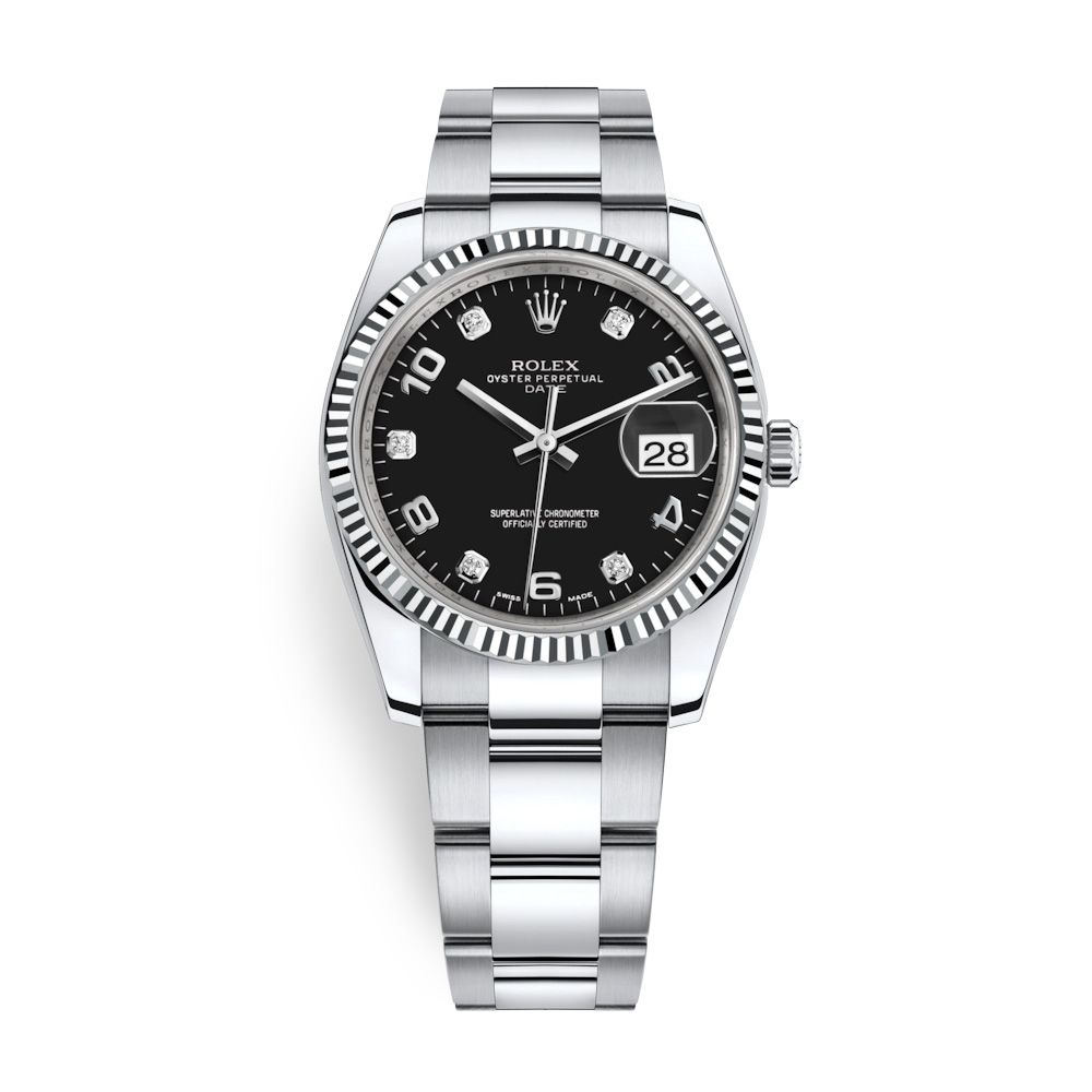 Rolex Date 34mm Steel - White Gold Diamonds Black 115234-0011