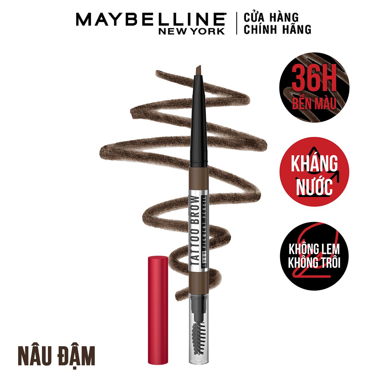 Chì Kẻ Mày 36H Lâu Trôi, Kháng Nước, Dễ Kẻ, Chuẩn Màu Tattoo Brow Maybelline New York Pigmented Pencil 0.2g