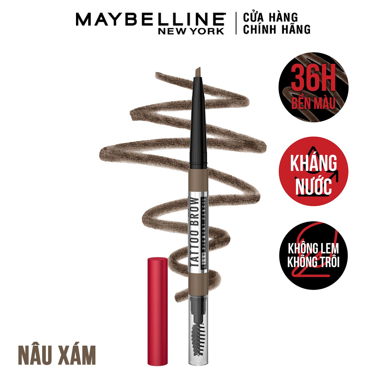 Chì Kẻ Mày 36H Lâu Trôi, Kháng Nước, Dễ Kẻ, Chuẩn Màu Tattoo Brow Maybelline New York Pigmented Pencil 0.2g