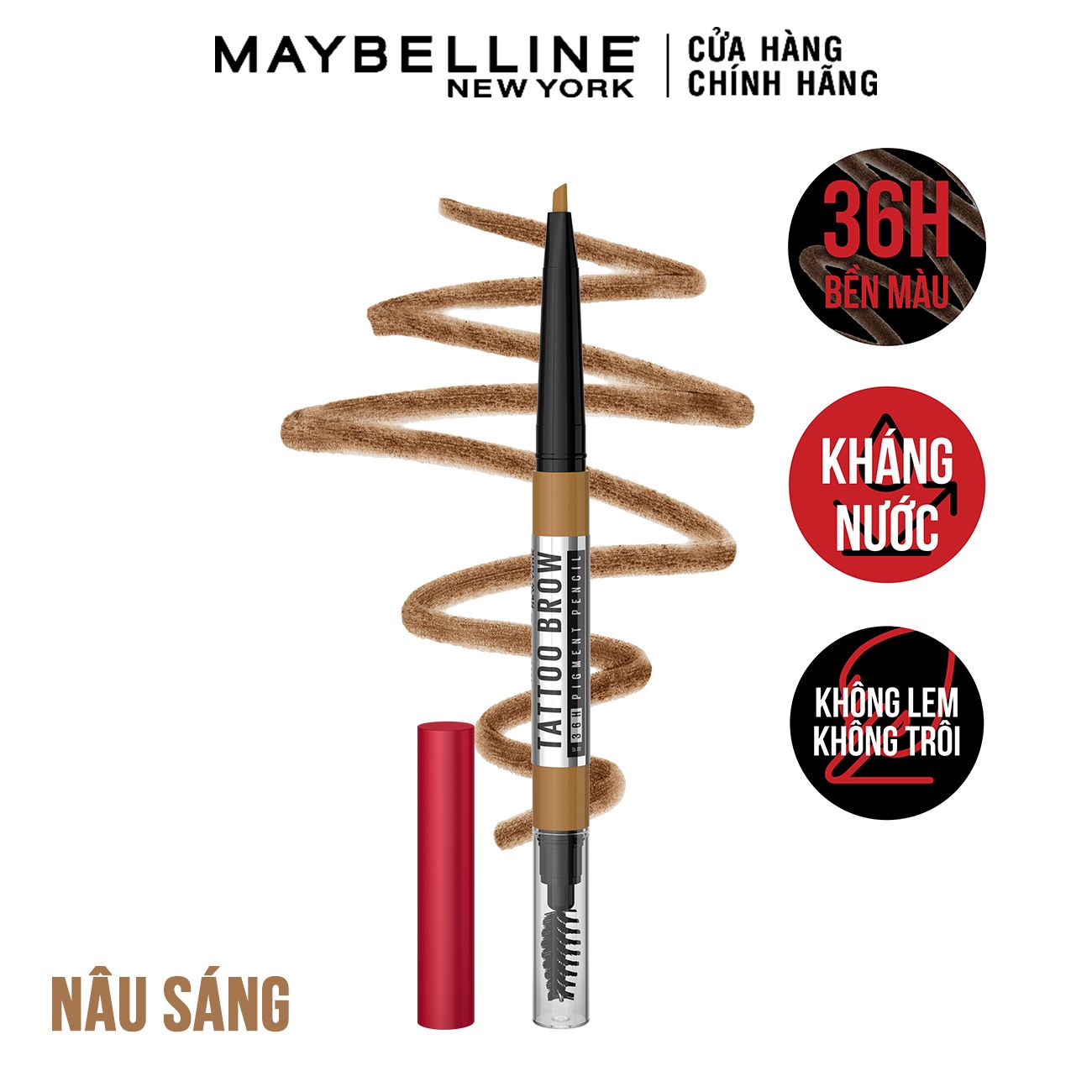 Chì Kẻ Mày 36H Lâu Trôi, Kháng Nước, Dễ Kẻ, Chuẩn Màu Tattoo Brow Maybelline New York Pigmented Pencil 0.2g