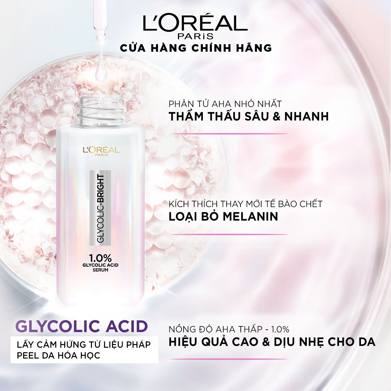 Serum Sáng Da Tức Thì L'Oreal Paris Glycolic - Bright Instant Glowing Serum 1.0% Glycolic Acid 15ML