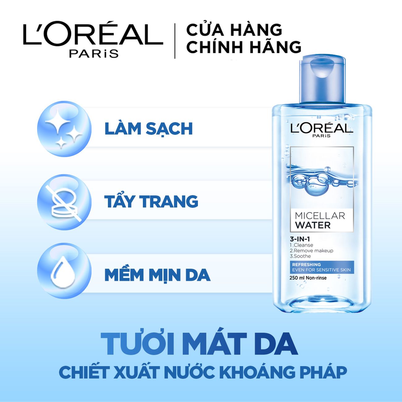 Nước Tẩy Trang Tươi Mát L'Oreal Paris 3-in-1 Micellar Water (95ml) tươi mát da