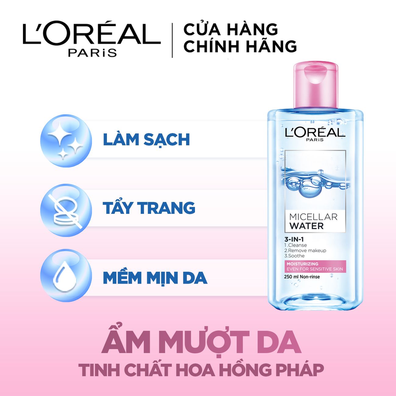Nước Tẩy Trang Tươi Mát L'Oreal Paris 3-in-1 Micellar Water dưỡng ẩm da 95ml