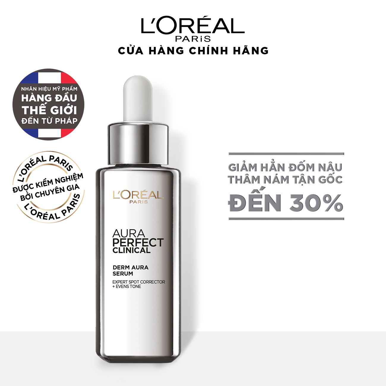 Tinh chất tăng cường dưỡng da trắng mịn & giảm thâm nám L'Oréal Paris White/ Aura Perfect Clinical 30ml