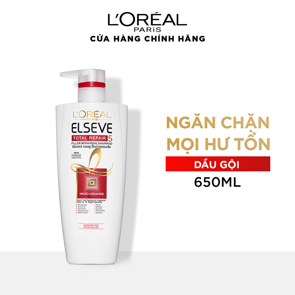 Dầu gội phục hồi tóc hư tổn từ sâu bên trong Elseve Total Repair 5 Filler Repairing Shampoo 650 ml