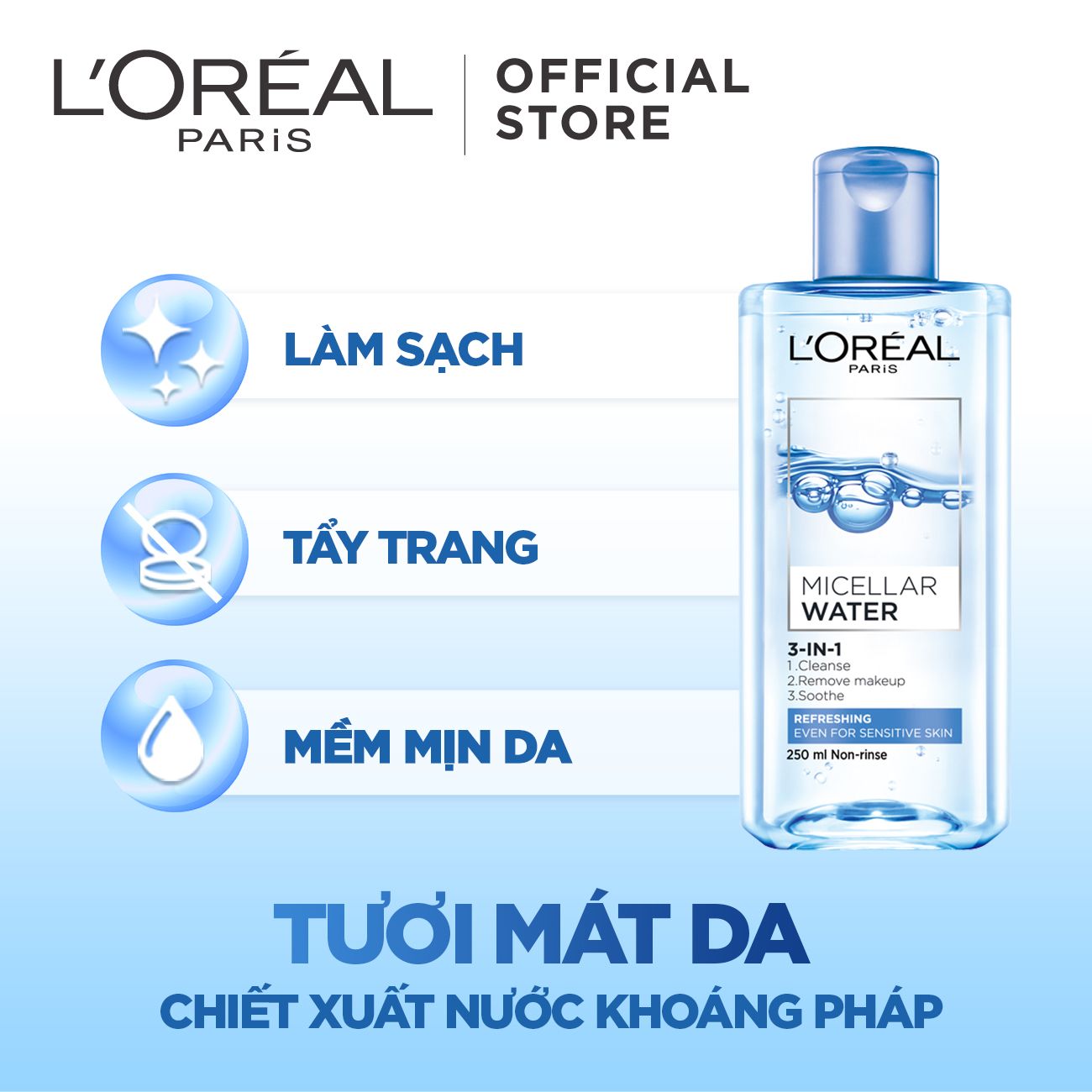Nước Tẩy Trang Tươi Mát L'Oreal Paris 3-in-1 Micellar Water (95ml) tươi mát da