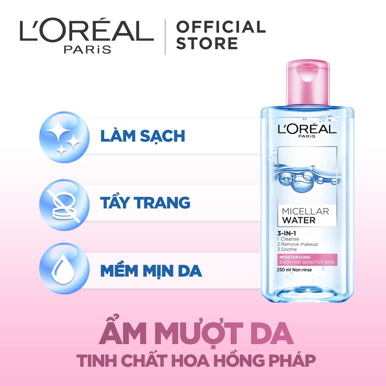 Nước Tẩy Trang Tươi Mát L'Oreal Paris 3-in-1 Micellar Water dưỡng ẩm da 95ml