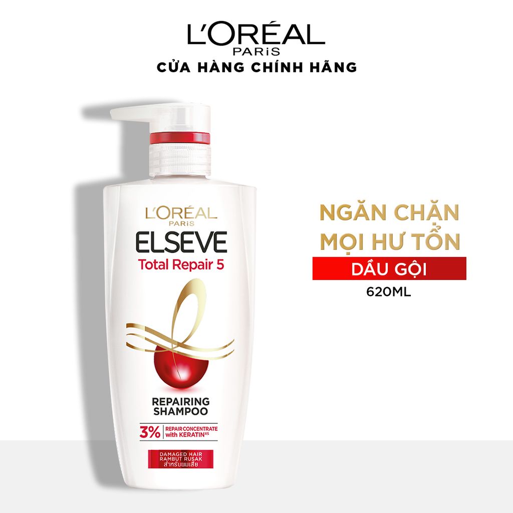 Dầu gội giúp phục hồi tóc hư tổn L'Oréal Paris Elseve Total Repair 5 Filler Repairing Shampoo 620ml