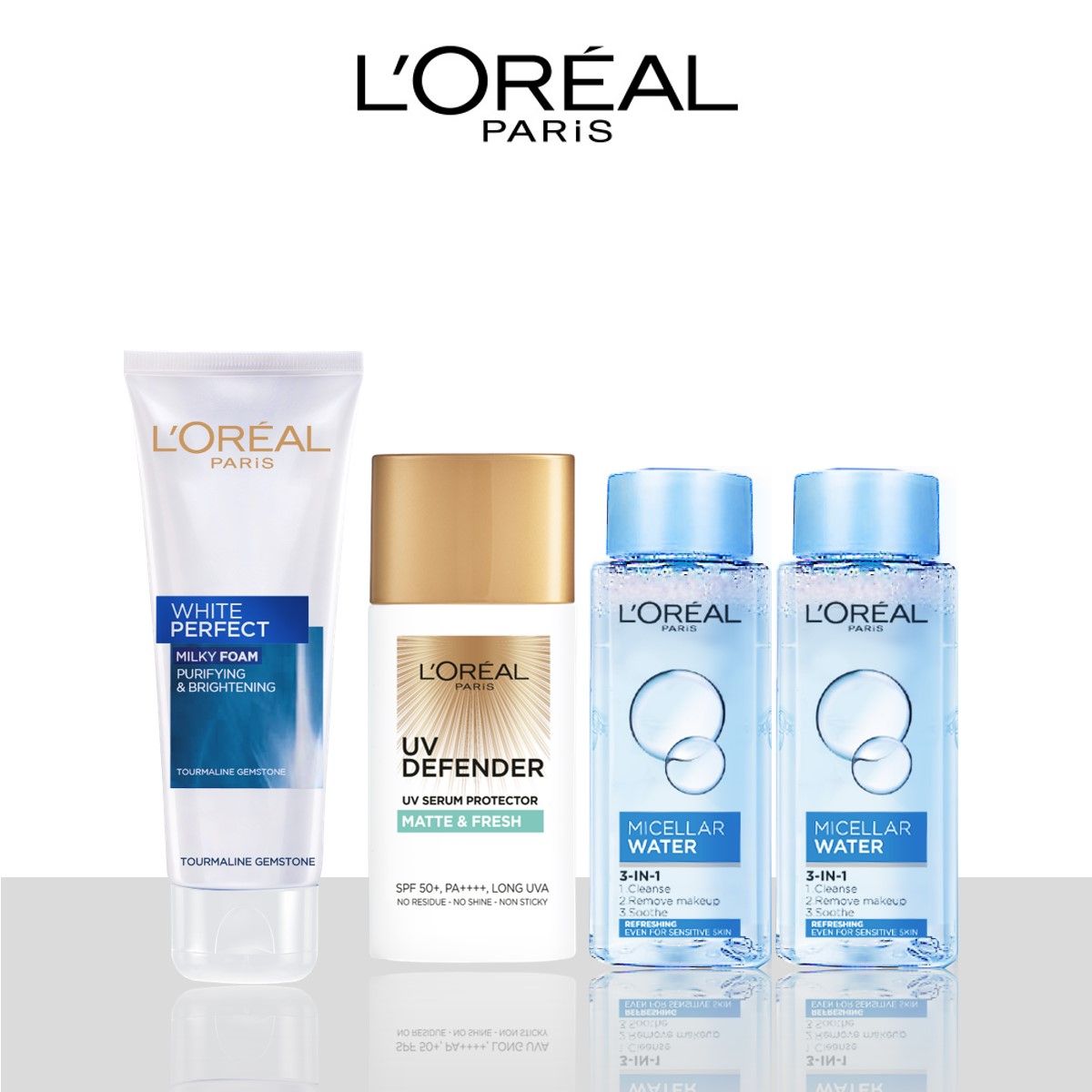 Bộ kem chống nắng & sữa rửa mặt & 2 nước tẩy trang L'Oreal Paris