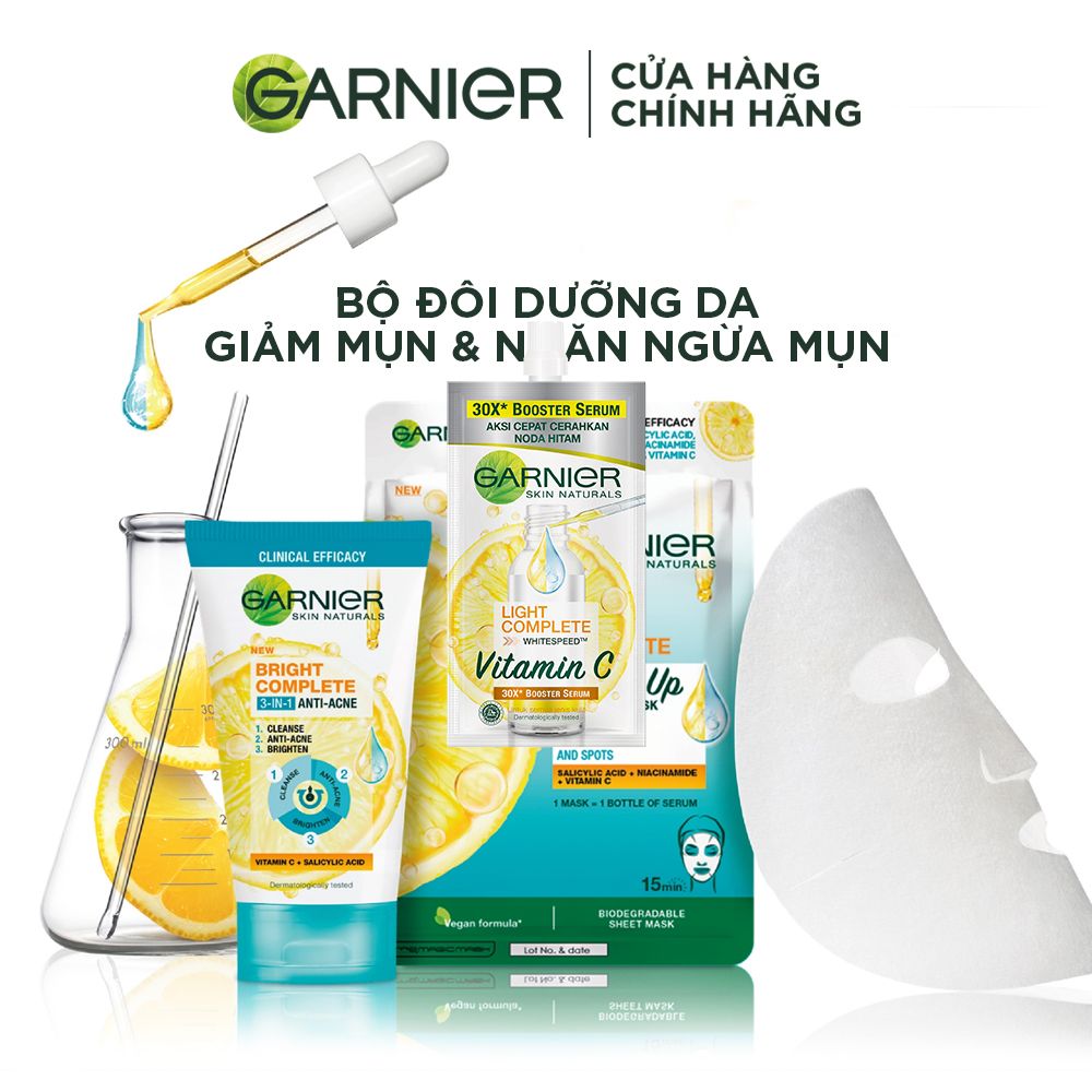 Sữa rửa mặt 3-trong-1 giảm mụn & sáng da Garnier Bright Complete Anti-Acne Foam 90ml