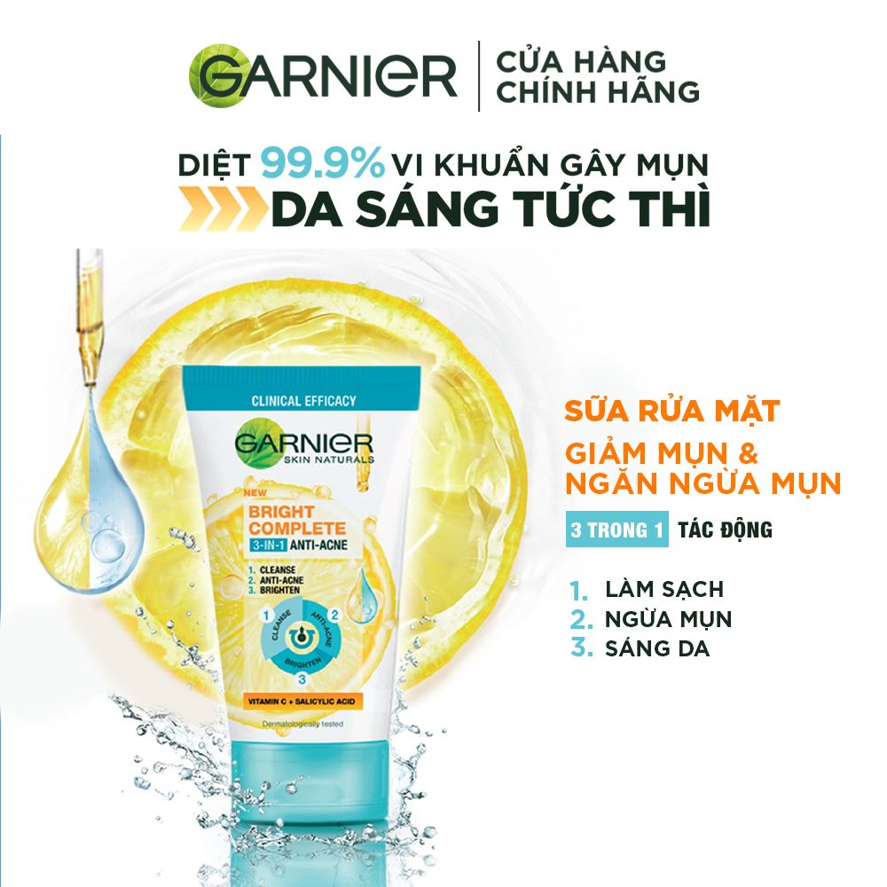 Sữa rửa mặt 3-trong-1 giảm mụn & sáng da Garnier Bright Complete Anti-Acne Foam 90ml