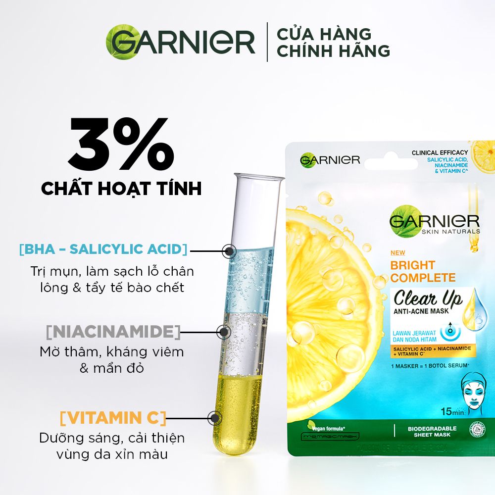Mặt nạ tinh chất Vitamin C & Salycilic Acid giảm mụn Garnier Bright Complete Anti Acne Serum Mask 23g