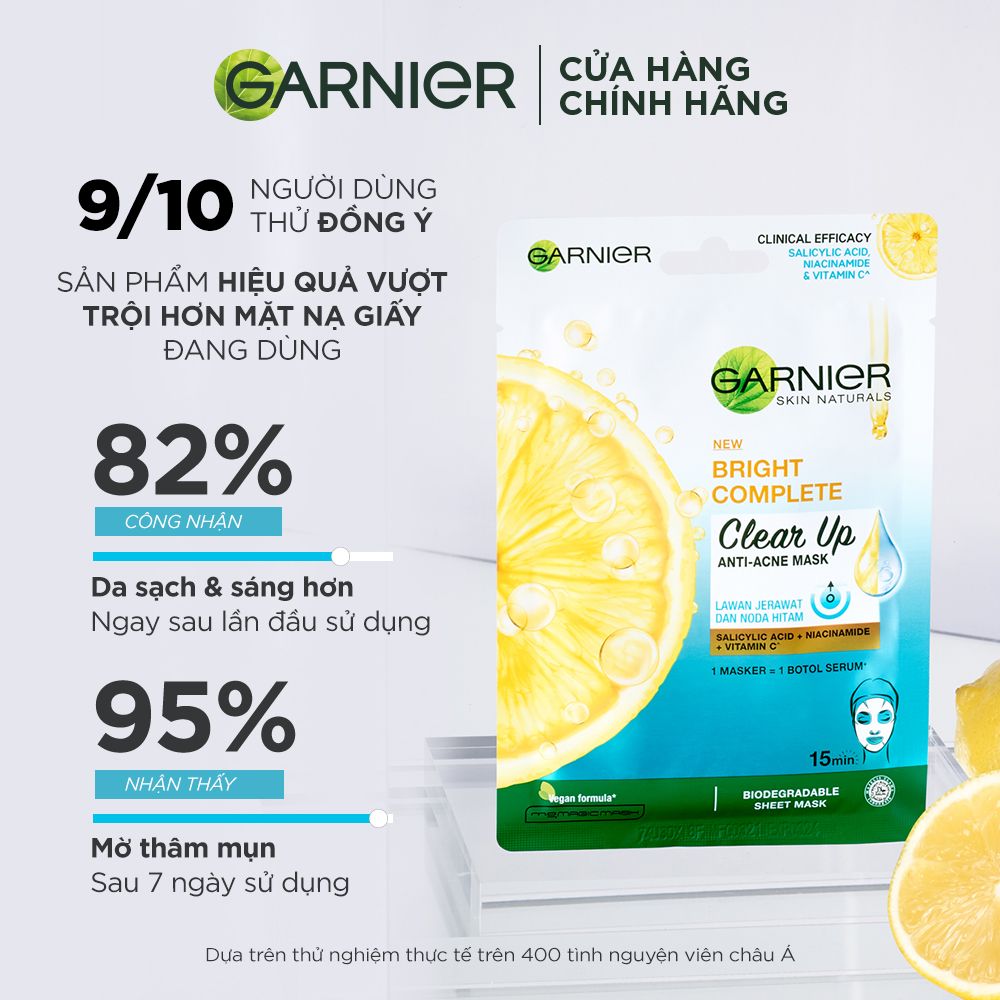 Mặt nạ tinh chất Vitamin C & Salycilic Acid giảm mụn Garnier Bright Complete Anti Acne Serum Mask 23g