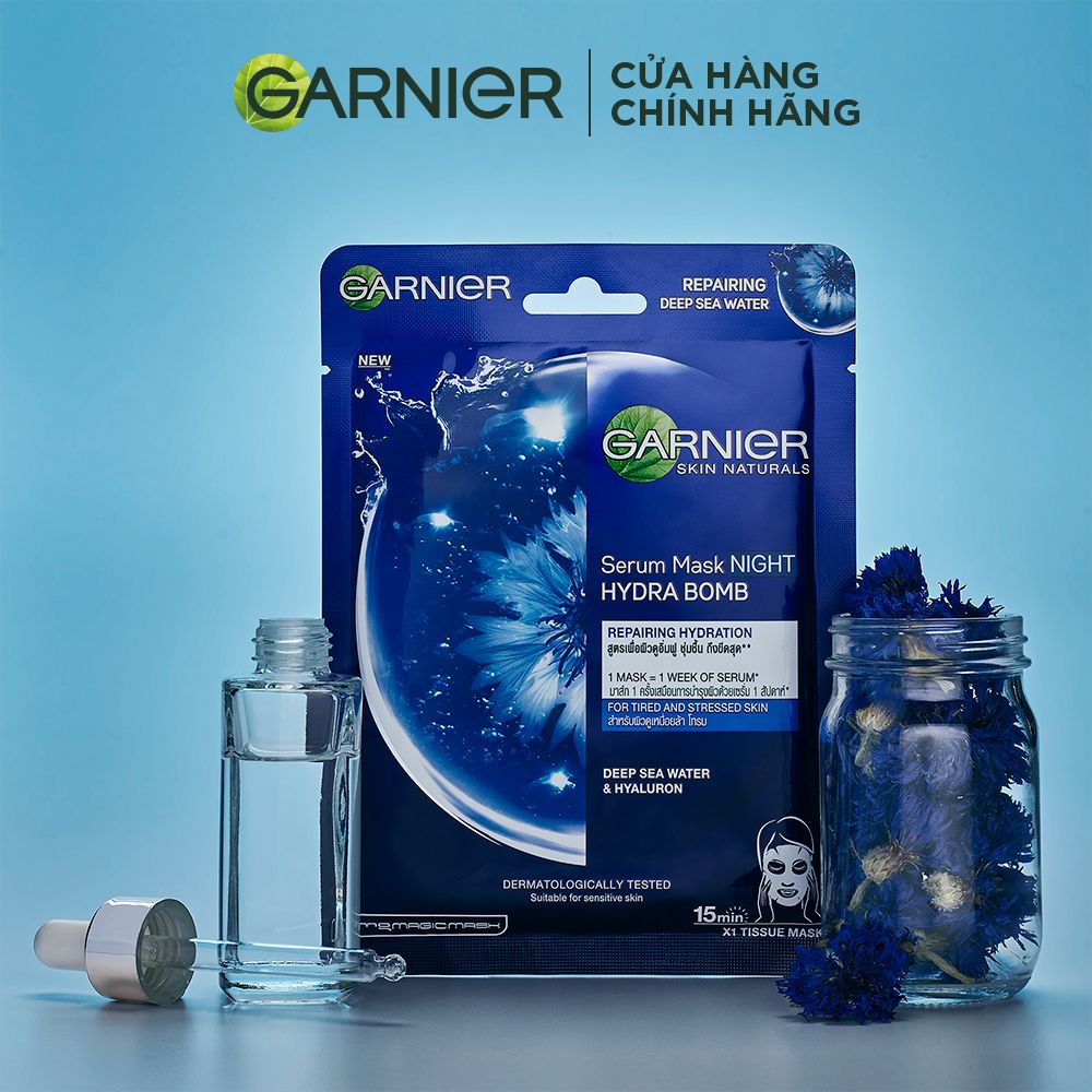 Mặt nạ tinh chất Nước biển sâu & Hyaluron cấp ẩm ban đêm Garnier Hydra Bomb Night Deep Sea Serum Mask 28g
