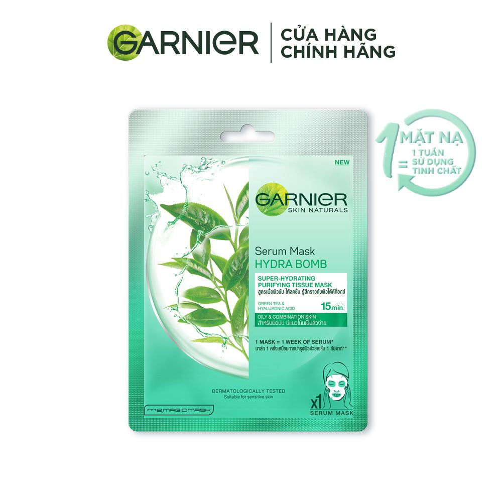 Mặt nạ tinh chất Trà xanh & Hyaluron kiềm dầu Garnier Hydra Bomb Green Tea Serum Mask 28g