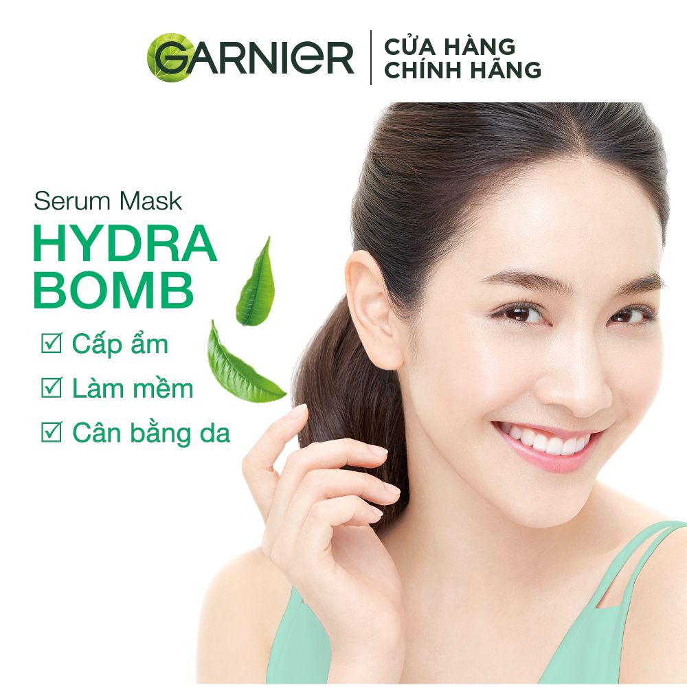 Mặt nạ tinh chất Trà xanh & Hyaluron kiềm dầu Garnier Hydra Bomb Green Tea Serum Mask 28g