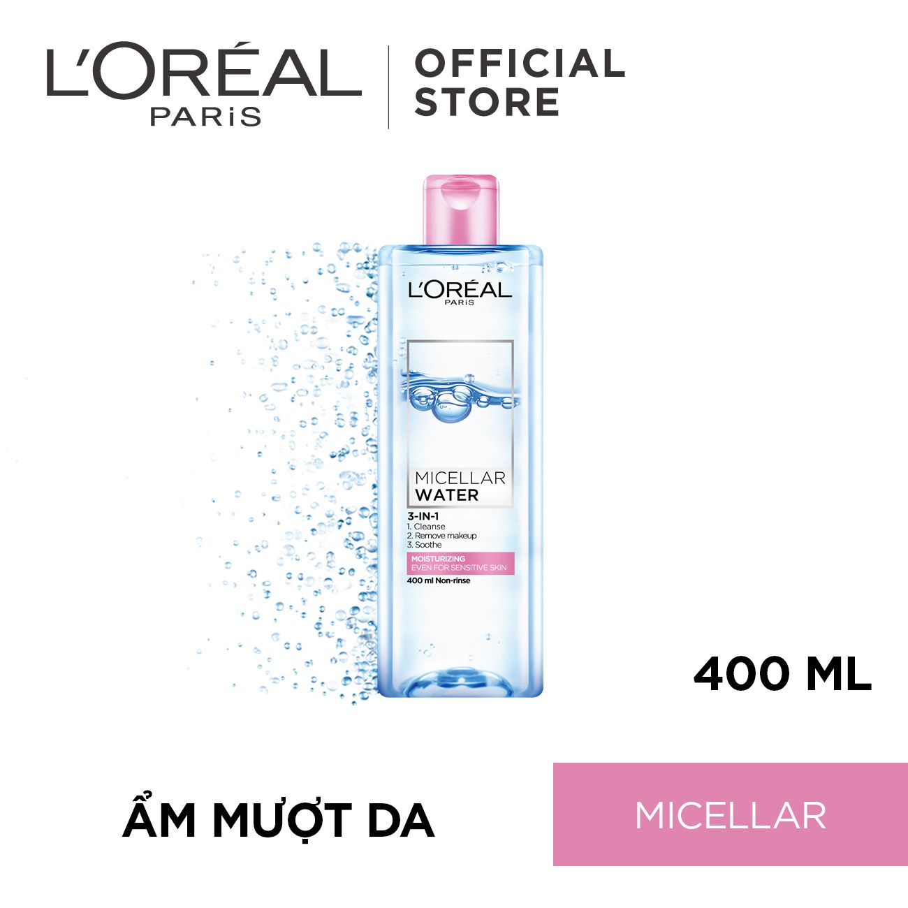Nước tẩy trang đa năng làm sạch sâu 3-in-1 L'Oréal Paris Micellar Water 400ml - Dưỡng ẩm da
