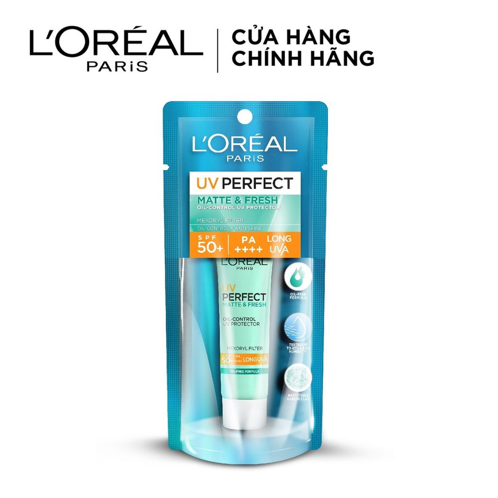 Kem chống nắng bảo vệ dưỡng da se mịn lỗ chân lông & chống ô nhiễm L'Oreal Paris UV Perfect fresh & Matte SPF50/PA++++ 15ml
