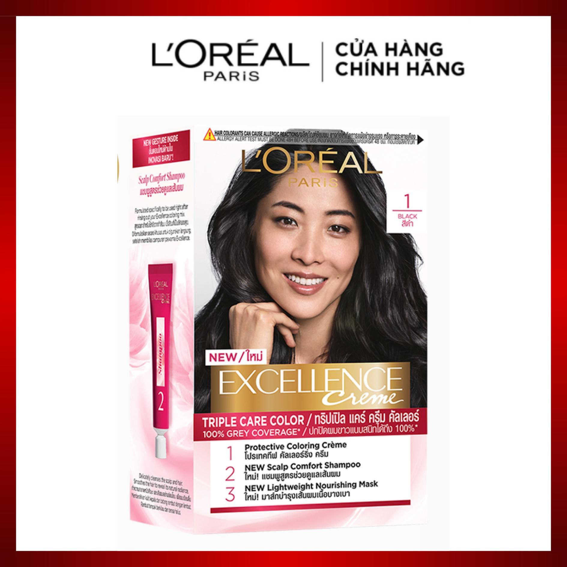 Kem Nhuộm Dưỡng Tóc Phủ Bạc L'Oréal Paris Excellence Crème 172ml - 1 Đen Tự Nhiên