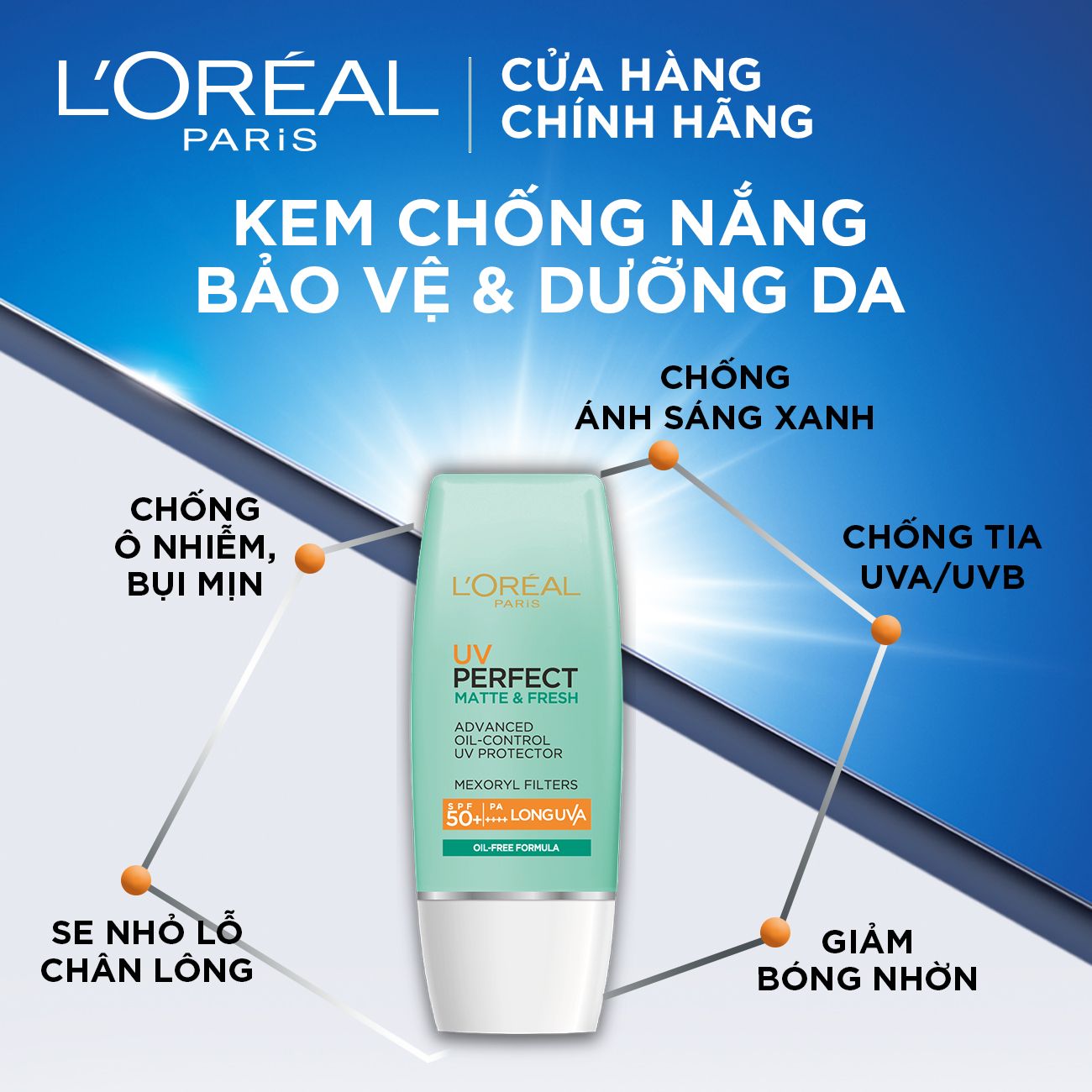 Kem chống nắng bảo vệ & dưỡng da se mịn lỗ chân lông & chống ô nhiễm L'Oreal Paris UV Perfect fresh & Matte SPF50/PA++++ 7ml