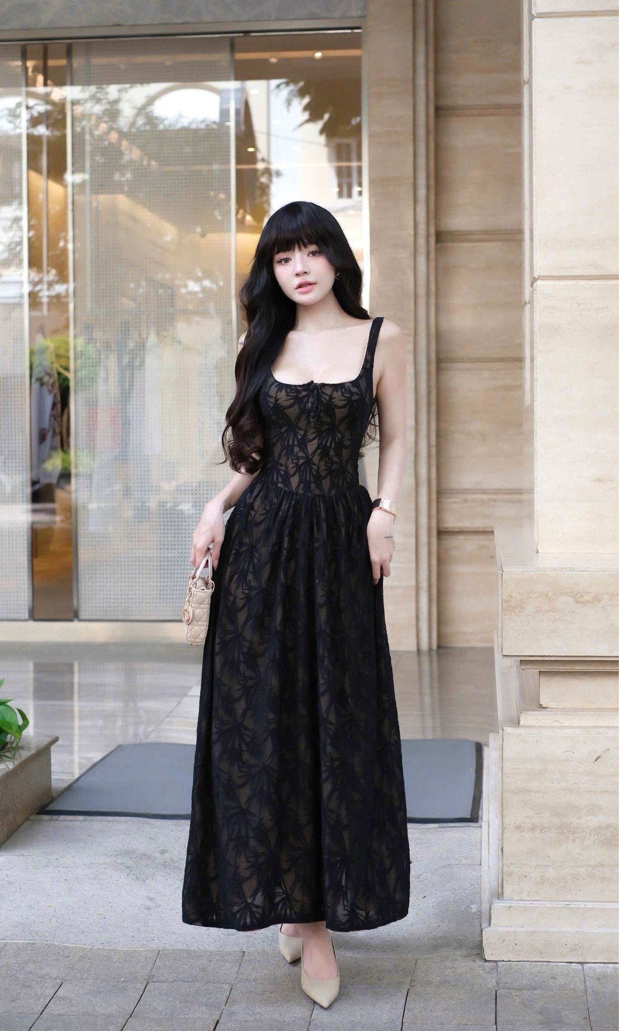 Đầm Thun Ren 3 Nút