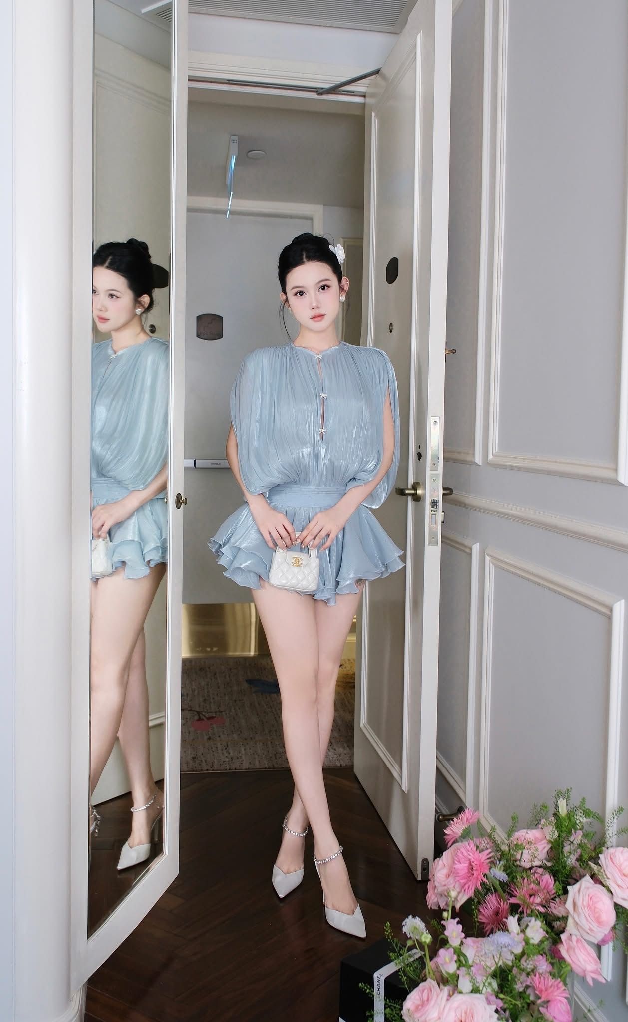 Đầm Voan Phồng Đính Nơ