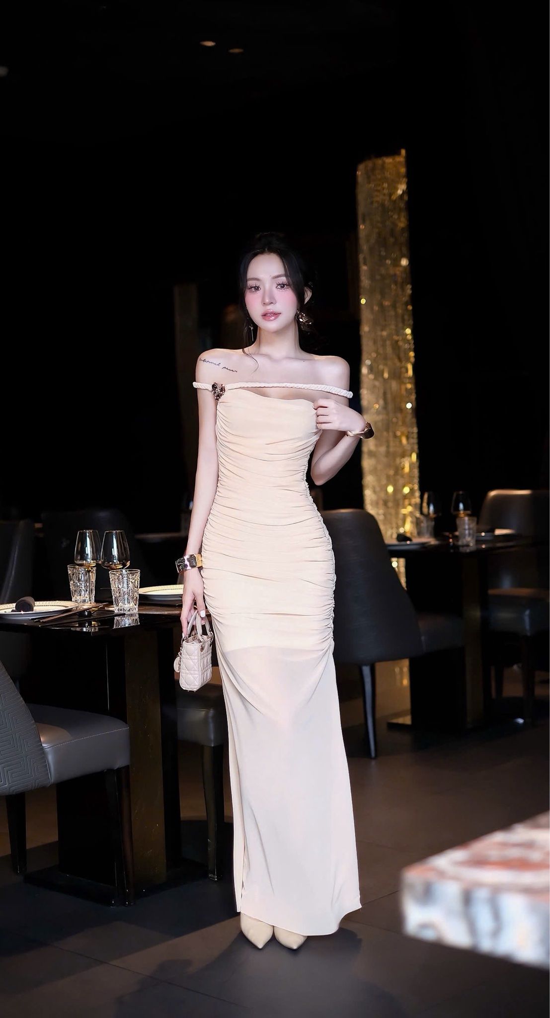 Đầm Thun Lưới Bính Chéo Vai