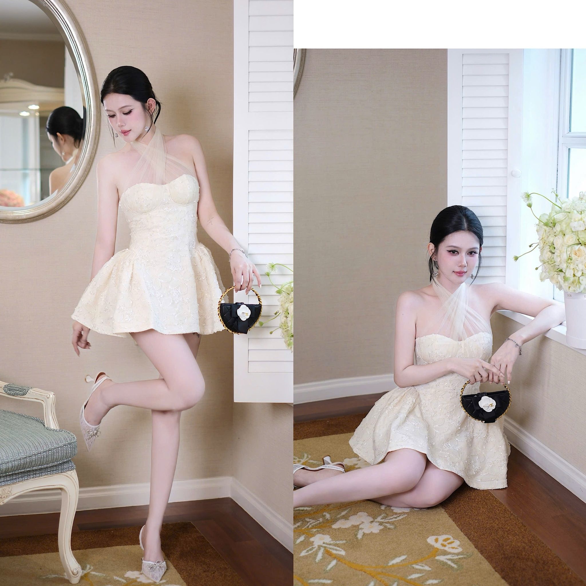 Đầm Yếm Lưới Nền Hoa