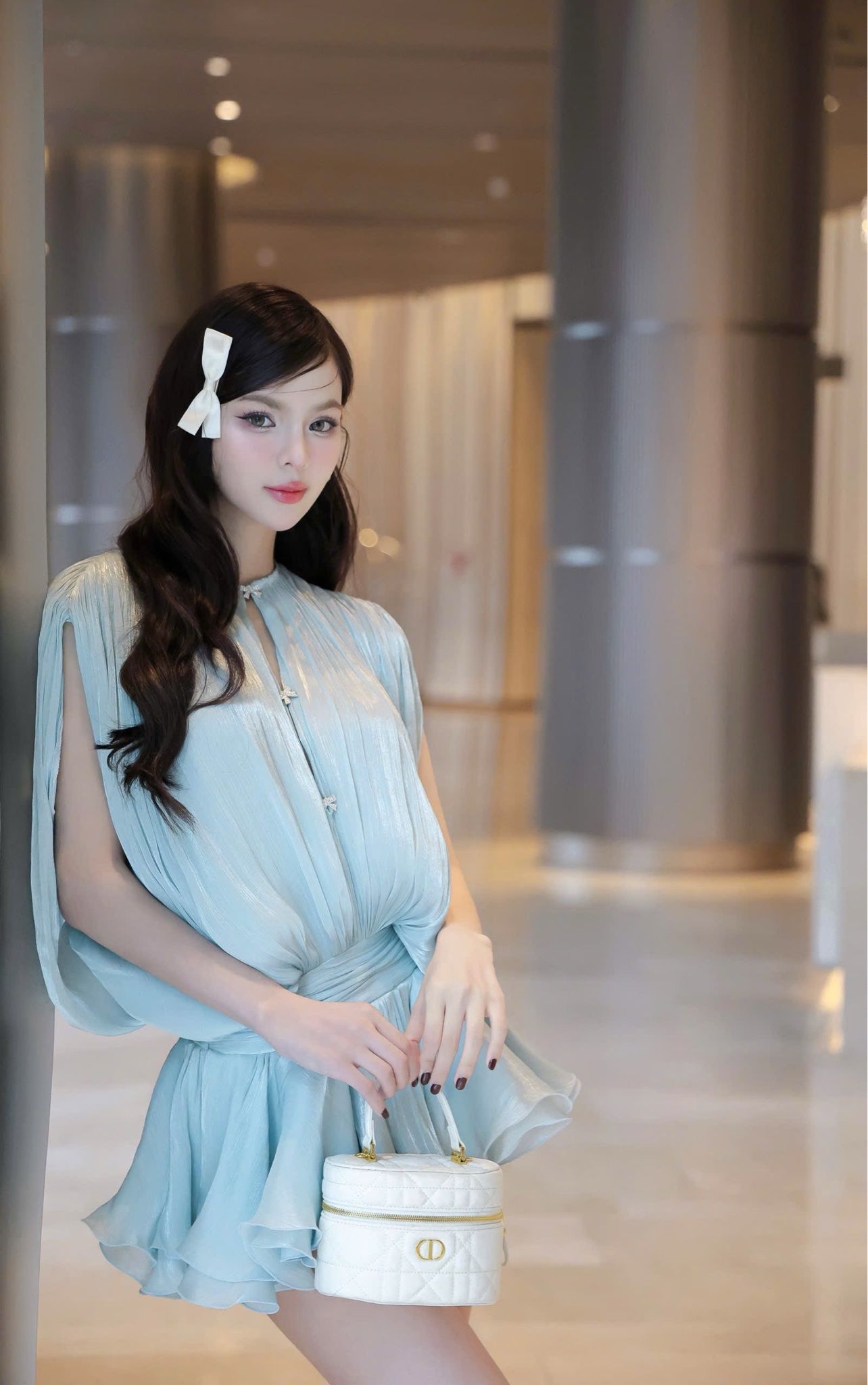 Đầm Voan Phồng Đính Nơ