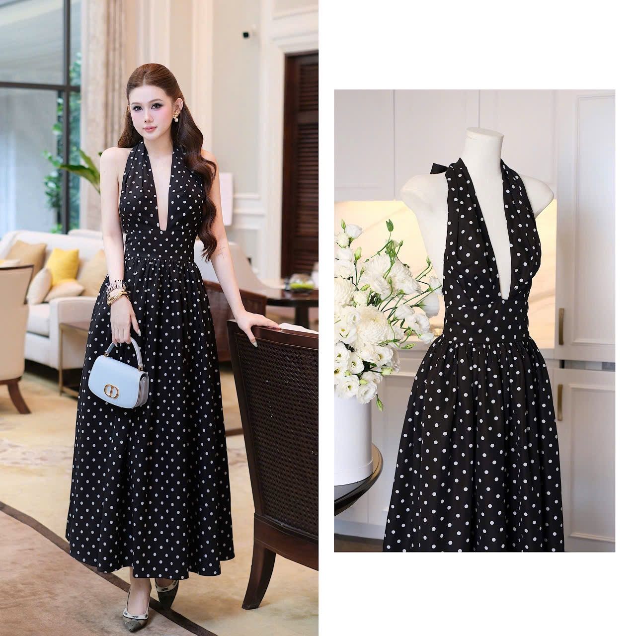 Đầm Chấm Bi Dài Cột Yếm