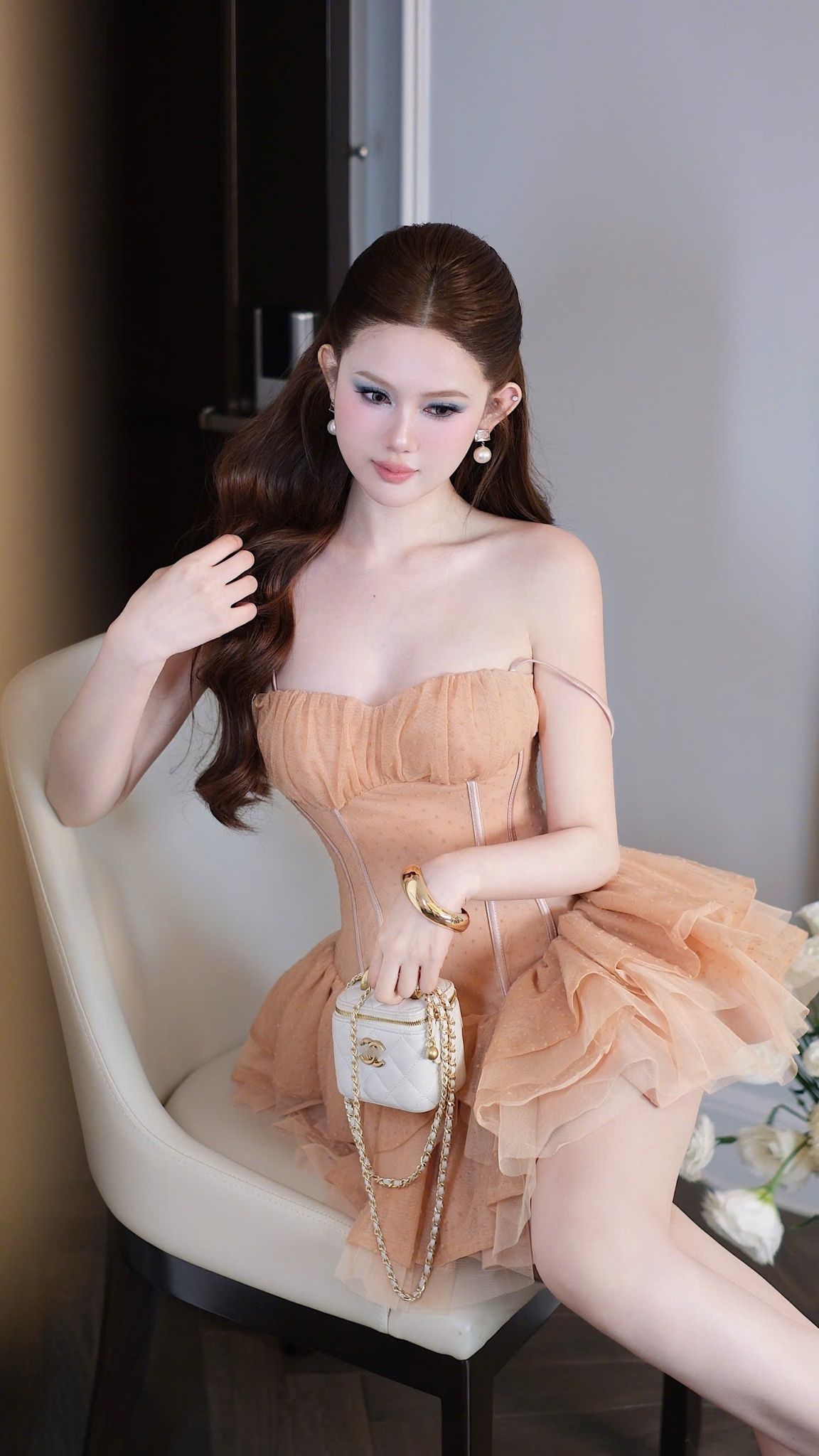 Đầm Lưới Chấm Bi Xòe Tầng