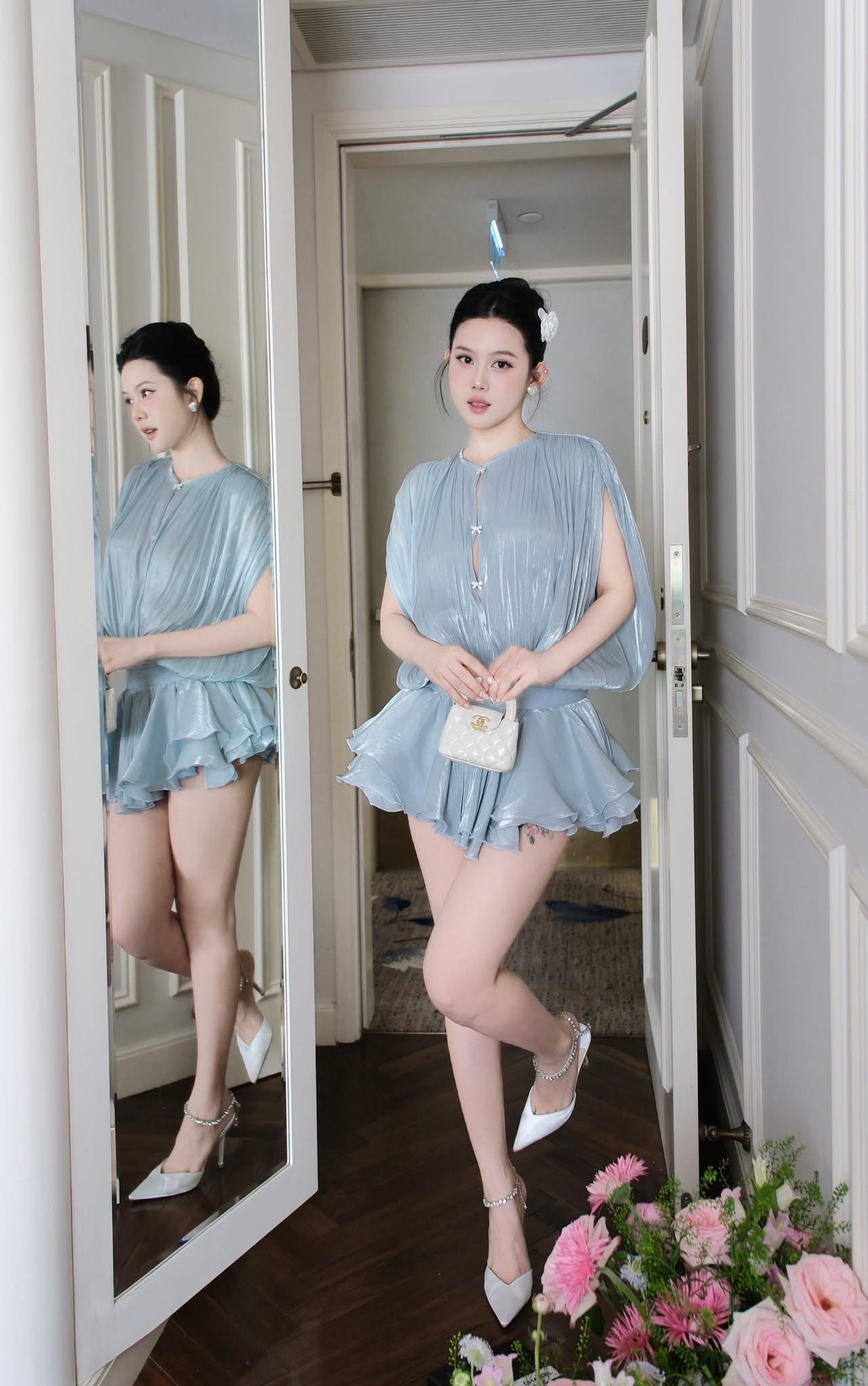 Đầm Voan Phồng Đính Nơ