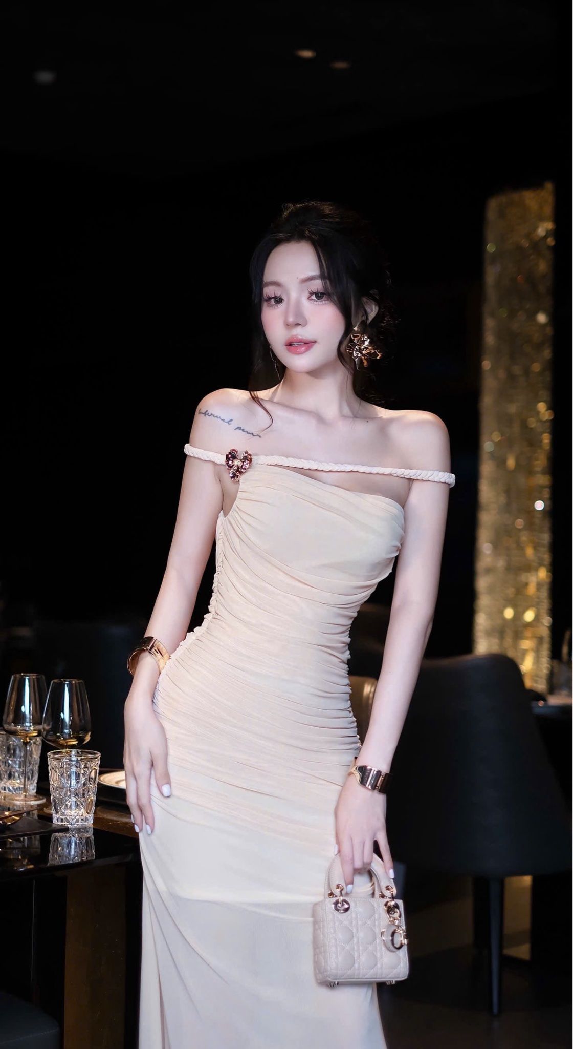 Đầm Thun Lưới Bính Chéo Vai