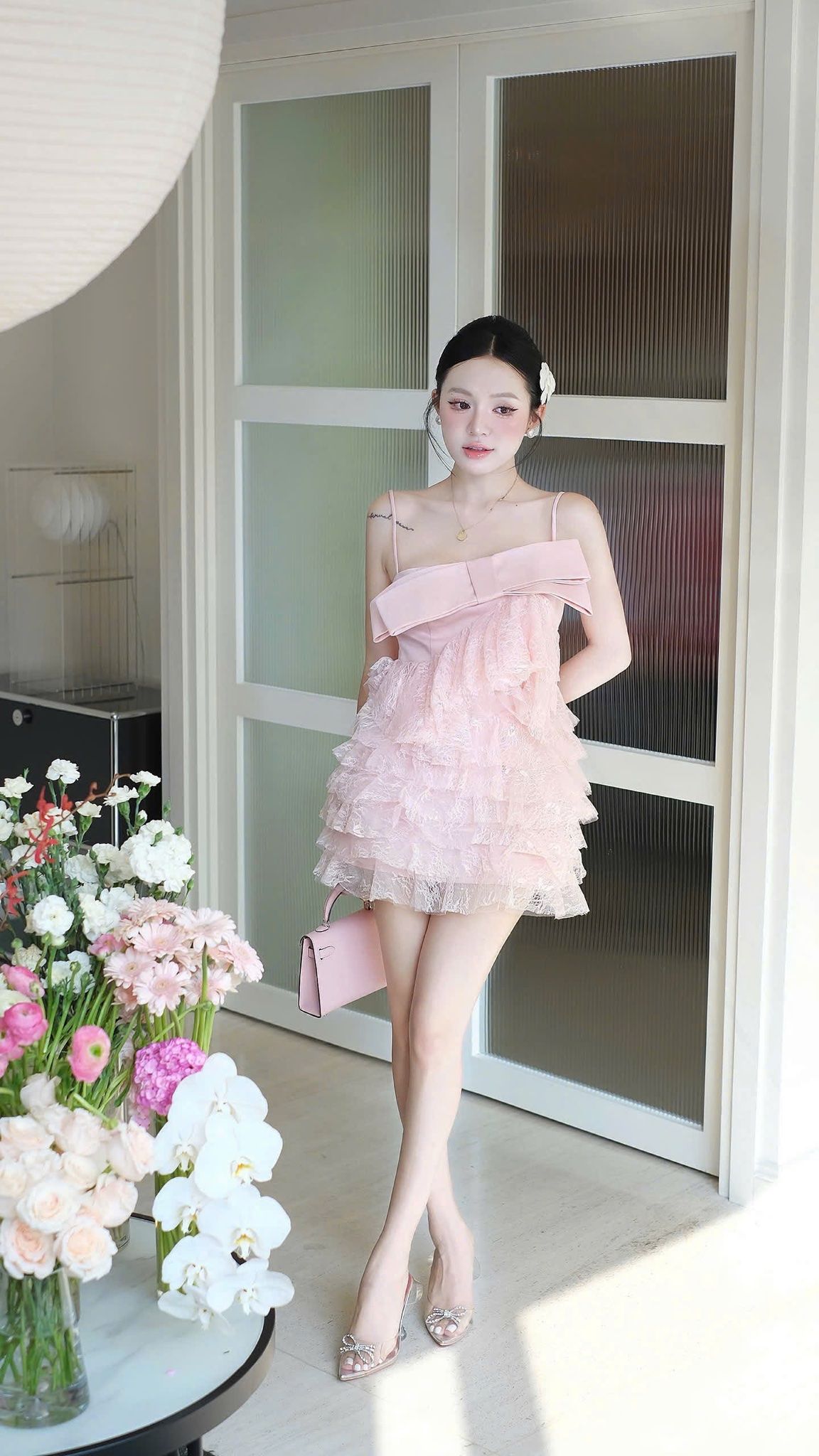 Đầm Tầng Xéo Đính Nơ