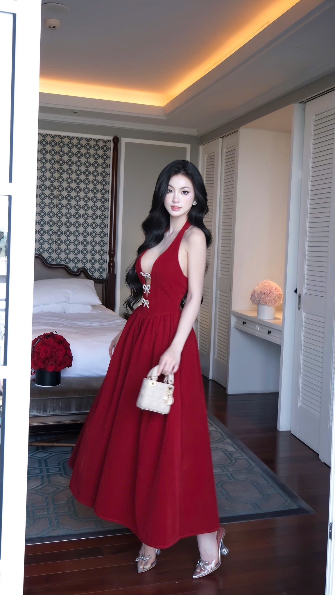 Đầm Nhung Yếm Kèm Nơ