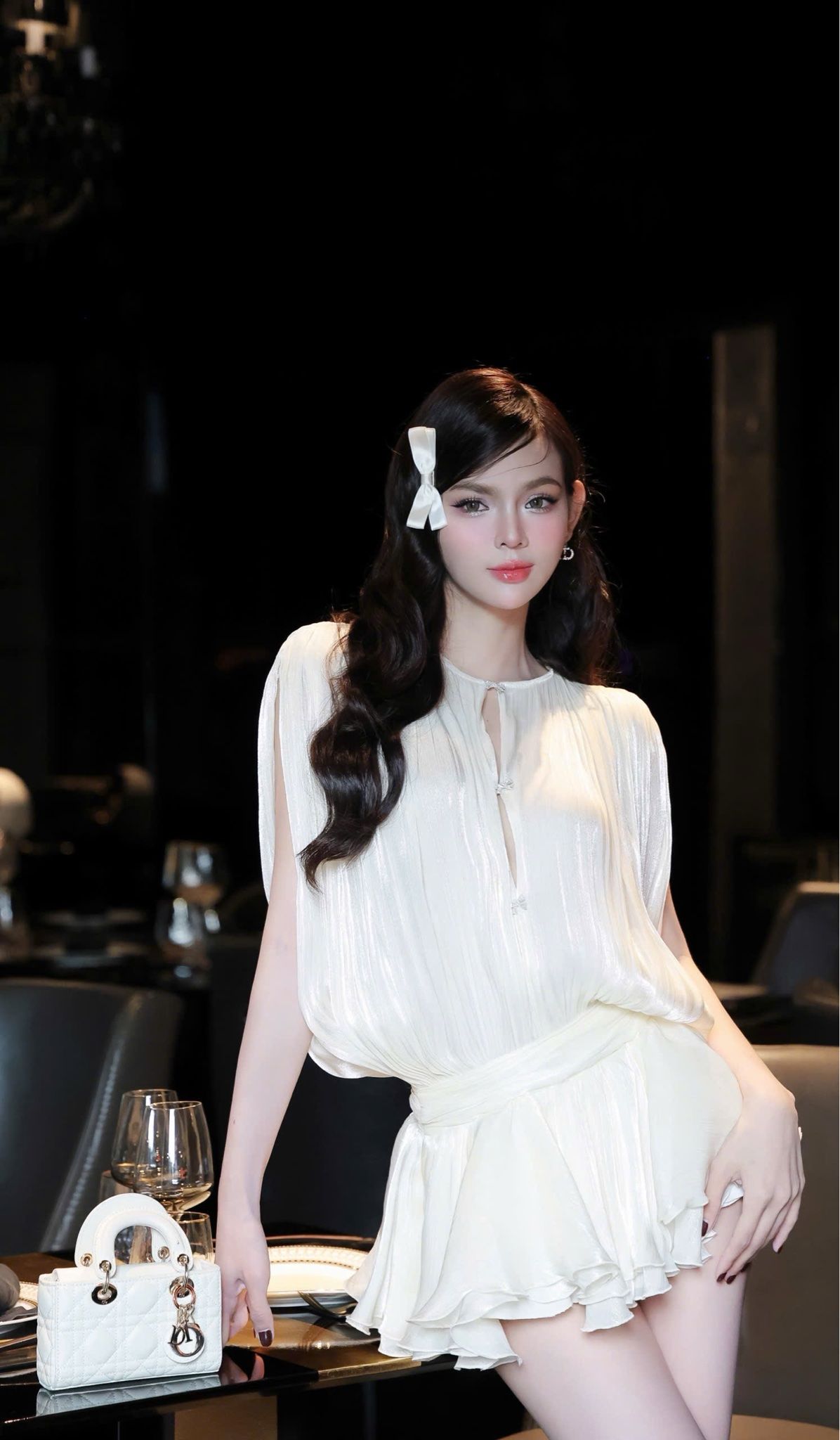 Đầm Voan Phồng Đính Nơ