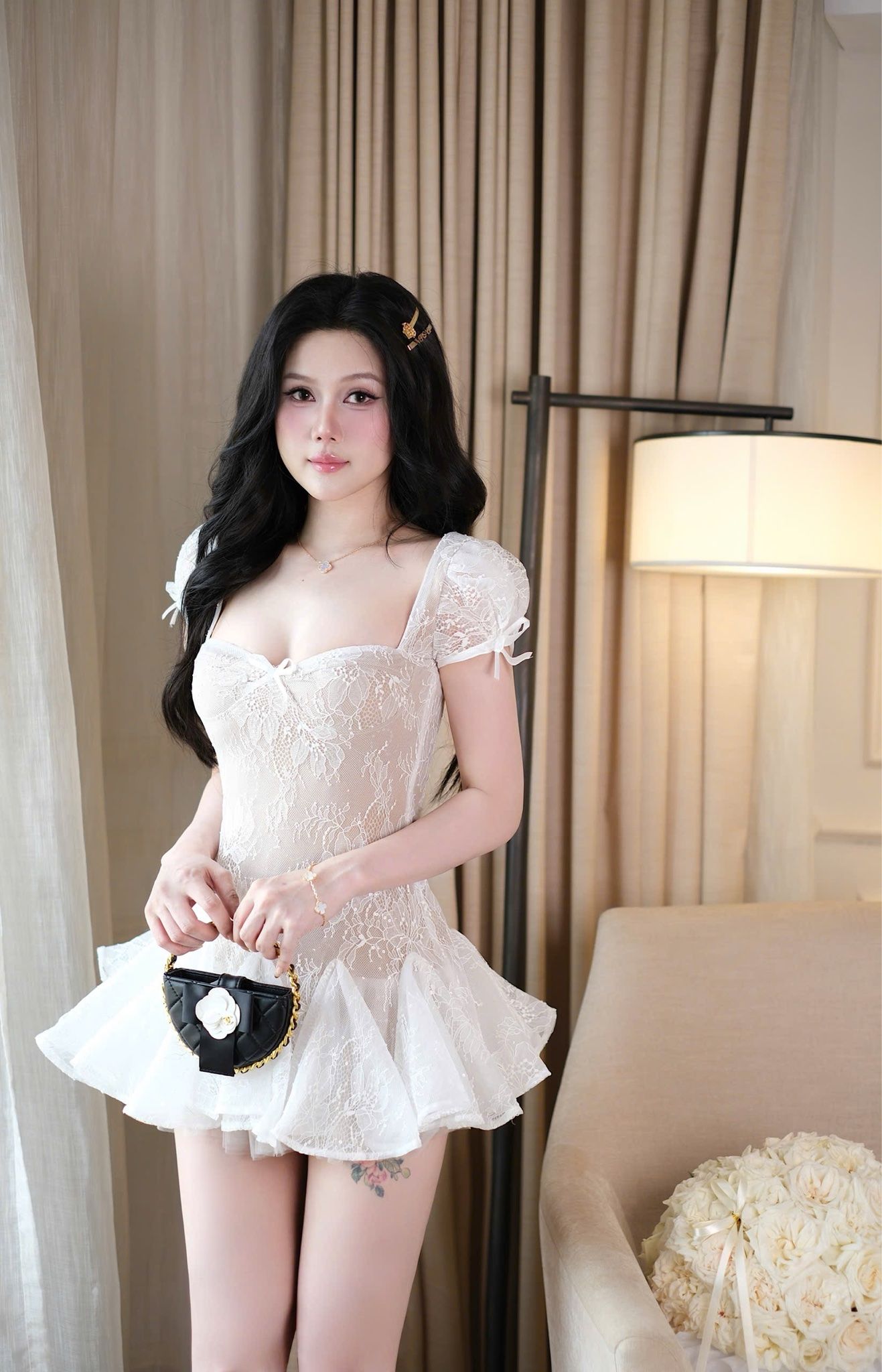 Đầm Lưới Ren Bèo Đính Nơ