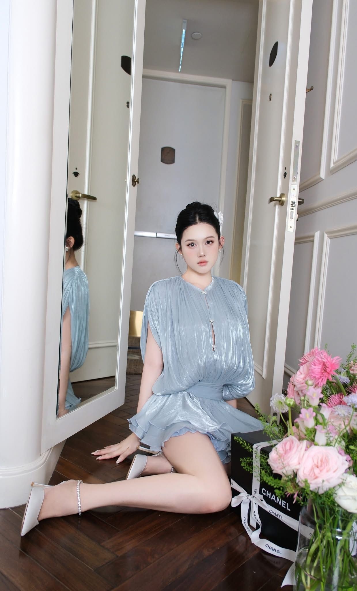 Đầm Voan Phồng Đính Nơ