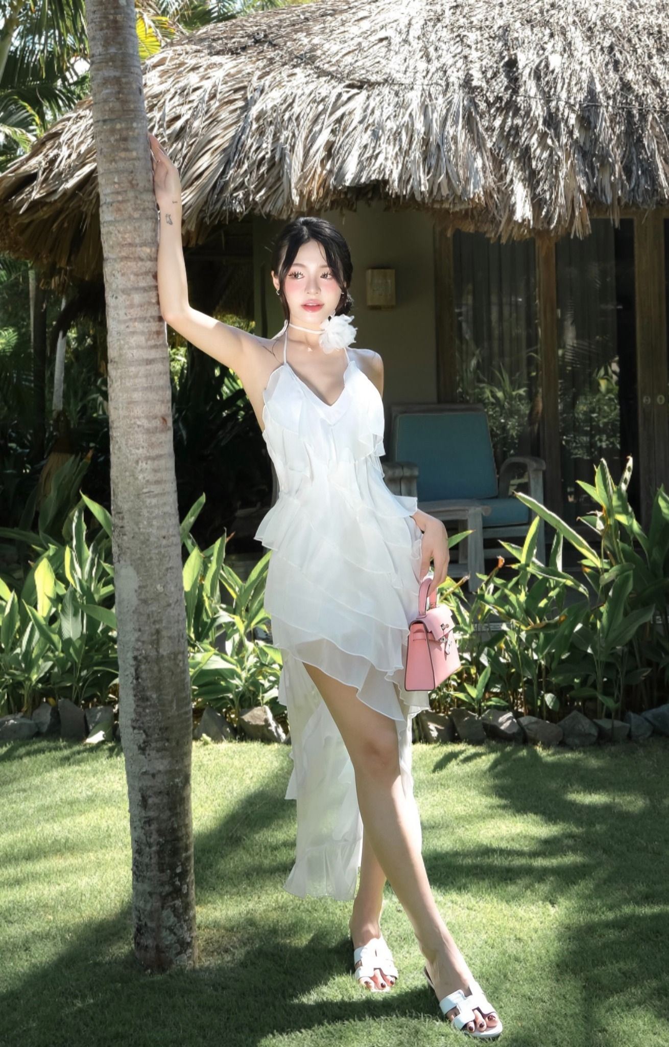 Đầm Voan Yếm Tầng Xéo Kèm Hoa